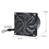 A black computer fan with a silver grill is shown on a white background with dimensions labeled. Voir les images du produit