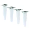 Four white furniture legs with silver mounting plates are arranged diagonally on a white background. Produktbild-Vorschau