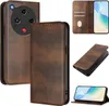 A collage of images showing a brown leather phone case for the ZTE Nubia Focus 2, with various angles and views. Produktbild-Vorschau
