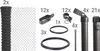 A collection of fence components laid out on a light gray background, including rolls of mesh, various connectors, tension bands, and fence posts. Produktbild-Vorschau