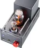 A close-up, angled view of a gray tube amplifier with two glowing vacuum tubes, a red volume knob, and headphone jacks on the front panel. Produktbild-Vorschau