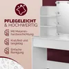 A white dressing table with LED lights and shelves, presented with text highlighting its features. Produktbild-Vorschau