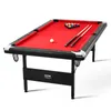 A VEVOR billiard table with a red felt surface, black frame, and silver accents, set against a white background. It includes billiard balls, cues, and a rack. Náhled obrázku produktu