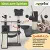 A cat tree with hanging toys and a cat lounging nearby, with marketing text and a logo. Produktbild-Vorschau