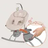 A baby bouncer with a close-up inset showing a hand pressing a button on the base, with musical notes overlaid. Produktbild-Vorschau
