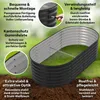An oval-shaped raised garden bed is shown in an outdoor setting with text overlays highlighting its features. Produktbild-Vorschau