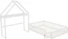 A white wooden house-shaped bed frame and a separate white bed base are shown against a white background. Produktbild-Vorschau