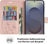 A pink wallet case for a smartphone, showing card slots and a banknote. Produktbild-Vorschau