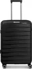 A black suitcase with a telescopic handle extended.