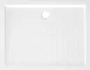 A top-down view of a white shower tray with a textured surface and a central drain. Produktbild-Vorschau
