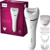 A Philips epilator and its accessories are displayed against a white background, with the product's packaging visible on the left. Podgląd zdjęcia produktu