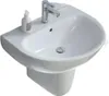 A white ceramic sink with a chrome faucet and drain. Produktbild-Vorschau