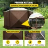 A brown and beige pop-up gazebo tent is shown in an outdoor setting, with close-up insets highlighting its features. Náhled obrázku produktu