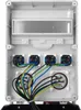 The inside of a white electrical distribution box with multiple outlets and wiring. Produktbild-Vorschau