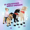 A young girl is sitting on a small toy horse, with two larger toy horses behind her. The image has a bright, playful background with text indicating different sizes are available. Podgląd zdjęcia produktu