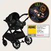 A black baby stroller with a car seat attached, shown in a studio setting with a circular inset image of the car seat in a car. Produktbild-Vorschau