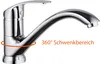 A chrome kitchen faucet with an orange circular arrow indicating 360-degree swivel range. Produktbild-Vorschau