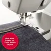 Close-up of a sewing machine needle stitching through thick denim fabric, with a red circular overlay highlighting a feature. Anteprima dell’immagine prodotto