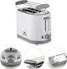 A white and gray two-slice toaster with a chrome warming rack on top, shown against a white background. Several close-up circular insets highlight the control panel and the warming rack. Produktbild-Vorschau