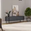A modern living room with a dark gray TV stand, artwork, and a potted plant. Anteprima dell’immagine prodotto