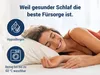 A woman is sleeping peacefully on a pillow, with marketing text and icons overlaid on the image. Produktbild-Vorschau