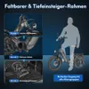 Collage showing folding steps of an e-bike and a silhouette of a person riding it. Produktbild-Vorschau