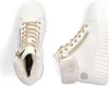 A pair of white high-top sneakers with fur lining and gold accents, shown from a top-down view and a side view. Produktbild-Vorschau