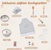 A flat lay of children's play kitchen accessories, including pots, pans, utensils, an apron, and a chef's hat, with German labels. Anteprima dell’immagine prodotto