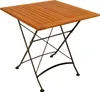 A square wooden bistro table with a black metal folding frame. Produktbild-Vorschau