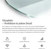 A close-up of a glass tabletop with descriptive text and icons highlighting its features. Produktbild-Vorschau
