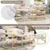 A collage of images showing nesting coffee tables with marble-look tops and gold metal frames, presented in a living room setting and with close-up details. Produktbild-Vorschau