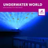 A baby projector displaying an underwater scene with fish and musical notes on a wall above a crib. Produktbild-Vorschau