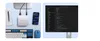 A split image showing a desk setup with a mini PC, keyboard, mouse, and phone on the left, and a computer screen displaying code on the right. Produktbild-Vorschau
