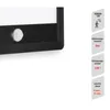 Close-up of a black outdoor light fixture with a motion sensor, next to a panel of marketing text detailing its features. Produktbild-Vorschau