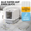 A white and gray cat litter box with dimensions and material information displayed. Produktbild-Vorschau