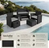 A rattan garden furniture set is displayed on a patio next to a swimming pool with a scenic view of the sea and hills in the background. Náhled obrázku produktu