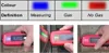 A collage showing a gas level checker and a diagram explaining its color indicators. Produktbild-Vorschau