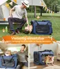 Collage of images showing a man and dogs using a blue pet carrier in various settings: outdoors, in a car, and indoors. Produktbild-Vorschau