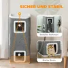 A multi-panel image showcasing a cat scratching post with text highlighting its features. Produktbild-Vorschau