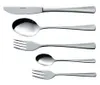 A set of stainless steel cutlery, including a knife, a large spoon, a large fork, a small spoon, and a small fork, arranged vertically against a white background. Produktbild-Vorschau