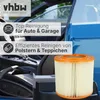 An interior view of a car with a vacuum cleaner filter shown in the foreground, and overlaid text marketing cleaning services for cars and upholstery. Produktbild-Vorschau