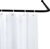 A white shower curtain hanging from a black corner shower rod. Produktbild-Vorschau