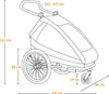 A line drawing of a child trailer with dimensions indicated. Produktbild-Vorschau