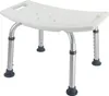 A white shower stool with adjustable silver legs and black rubber feet, shown from a front-side angle against a white background. Produktbild-Vorschau