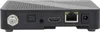 The back panel of a black satellite receiver with various ports. Produktbild-Vorschau