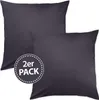 Two dark grey pillowcases are shown, one slightly behind the other, with a circular graphic overlay.