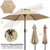 A collage of images showing a beige patio umbrella, its features, and how it folds. Produktbild-Vorschau