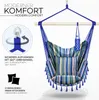 A colorful striped hanging chair with cushions, suspended from a wooden bar, with text overlays describing its features. Náhľad obrázku produktu
