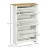 A white shoe cabinet with a wooden top, shown with dimensions indicated. Produktbild-Vorschau