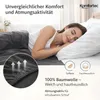 A woman sleeping comfortably on a bed with a pillow, with product features highlighted. Produktbild-Vorschau